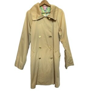Lilly Pulitzer Womens Qynn Tan Gold Button Belted Trench Coat Size XL Classic